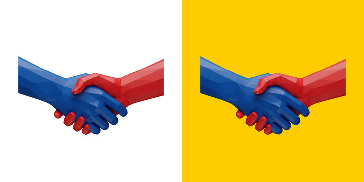 Low poly blue and red hands shaking in agreement 3D render