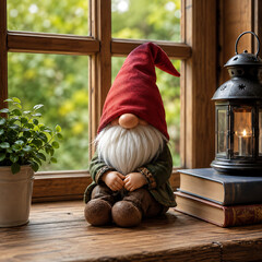 Fototapeta premium A cute decorative garden gnome sitting on a rustic wooden windowsill next to books and a lantern