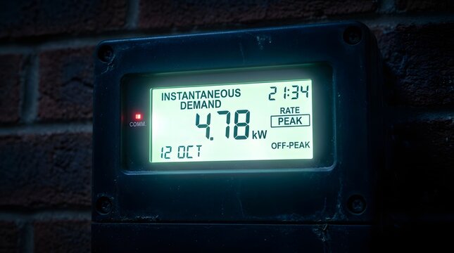 Electricity meter displaying power consumption data mounted on a dark brick wall during an energy efficiency monitoring test.