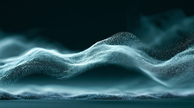 Abstract teal waves formed by glowing particles create a fluid digital landscape with soft focus and intricate depth of field