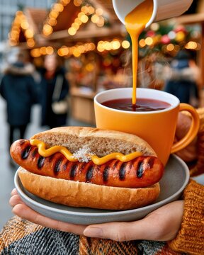 Grilled sausage with mustard in bun held with hot drink and festive lights background