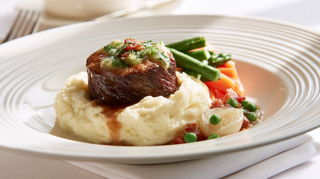 Cooked beef tenderloin served on creamy mashed potatoes, accompanied by green asparagus, sliced carrots, and a rich bacon infused gravy