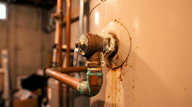 Water heater featuring corroded pipes and leaking valves installed inside a dark residential basement requires urgent professional plumbing maintenance.
