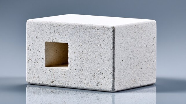 White porous stone block featuring sharp geometric edges and a square cutout, captured with soft professional studio lighting and reflections