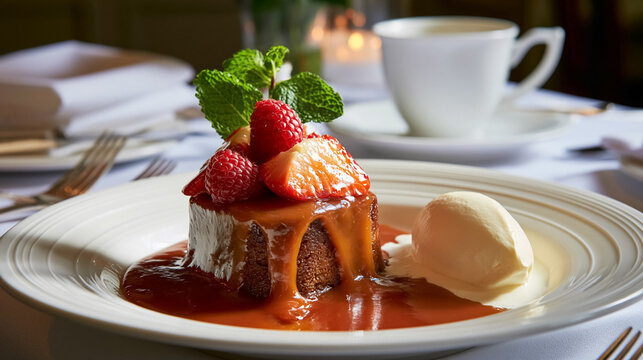 Sticky toffee pudding with caramel sauce, vanilla ice cream, fresh strawberries, raspberries, and mint, sweet dessert served in a fine dining restaurant