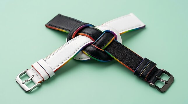 Colorful watch straps intertwined on a mint green background representing diversity and style