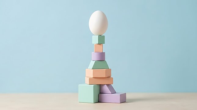 Colorful wooden blocks stacked in a precarious tower with a white egg on top