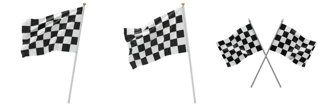 Classic checkered racing flags in various dynamic configurations, signifying the finish line and victory.