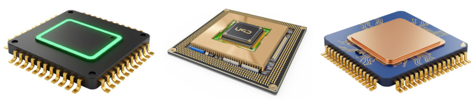 Modern 3D render of various central processing units, microprocessors, and computer chips.