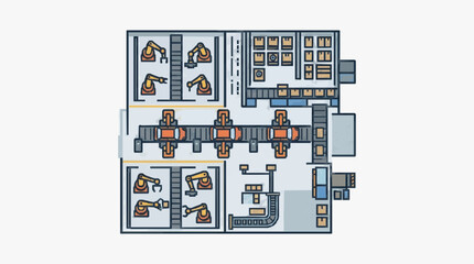 Fototapeta premium Sleek Modern Industrial Floor Plan Featuring Robotic Arms Assembly Lines and Warehouse Storage Systems in Blue Grey and Orange