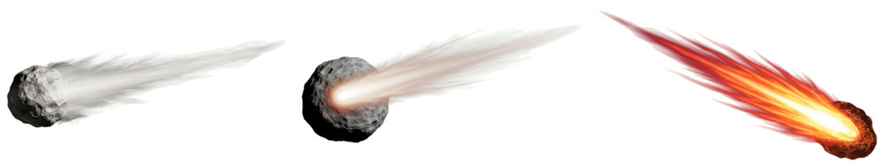 Dynamic collection of comets and meteors with glowing tails, illustrating space, astronomy. © HoangHiep
