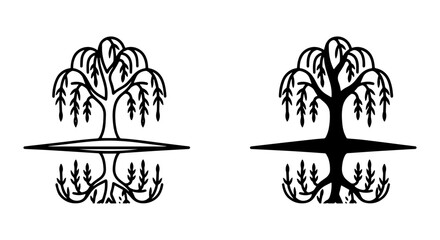 Fototapeta premium Willow Tree Silhouette, Black and White Vector Icons. Nature Symbol, Organic Growth, Reflection Art.