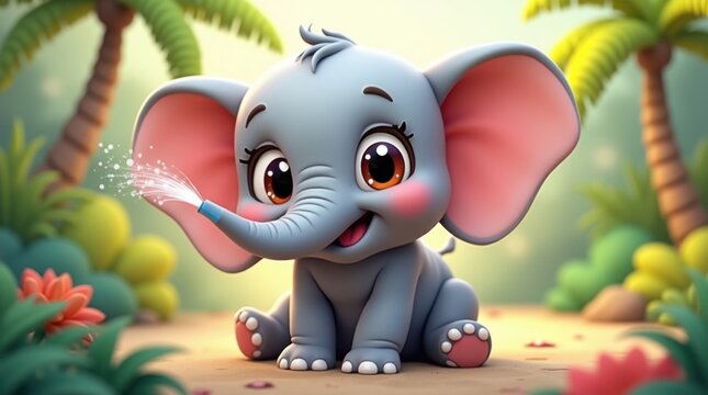 Adorable cr&iacute;a de elefante rociando alegremente un peque&ntilde;o chorro de agua con su trompa