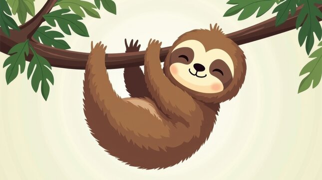 Adorable perezoso de dibujos animados colgado c&oacute;modamente de la rama de un &aacute;rbol, sonriendo pl&aacute;cidamente