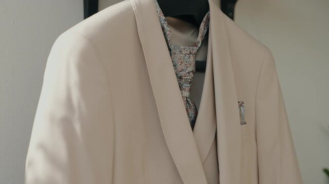 Close up of a cream wedding jacket shawl lapel with a floral patterned tie and lapel pin