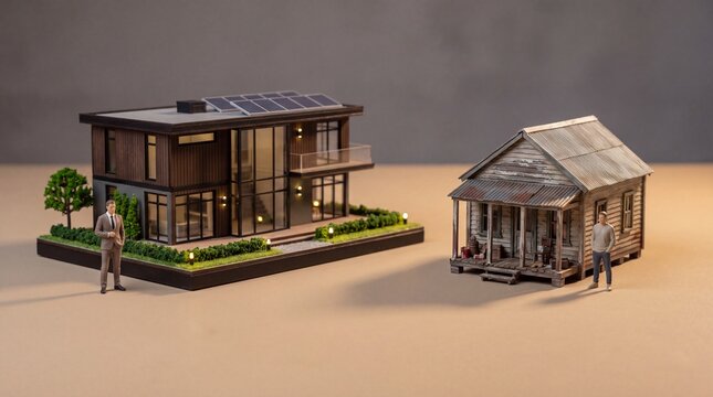 Wealth inequality represented by contrasting luxury and modest homes