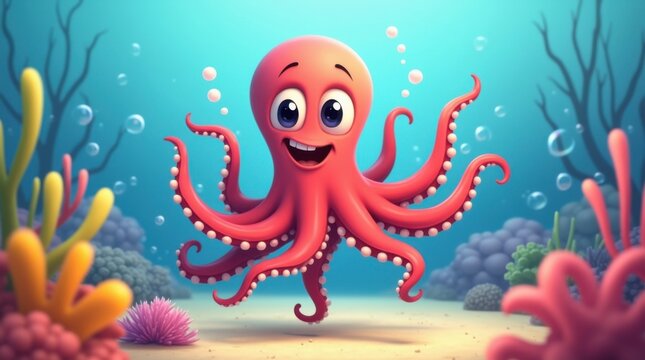 Pulpo de dibujos animados con ojos brillantes y expresi&oacute;n alegre, en un colorido entorno submarino con burbujas