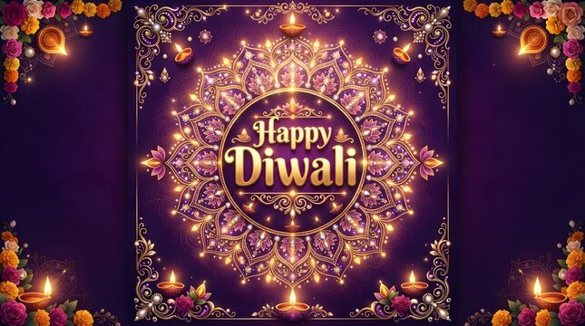 Happy diwali greeting card with glowing golden mandala, lit oil lamps diyas, and floral decorations on royal purple background