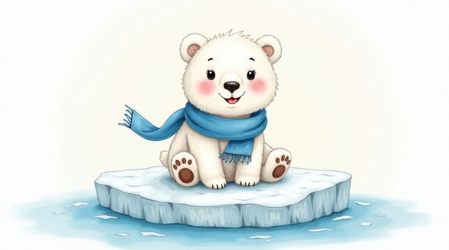 Cachorro de oso polar estilo dibujos animados sentado sobre un trozo de hielo flotante, con una peque&ntilde;a bufanda azul