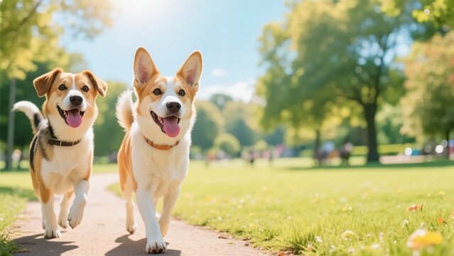 青空と新緑が広がる開放的な公園の遊歩道を仲良く並んで散歩する2匹のかわいい愛犬