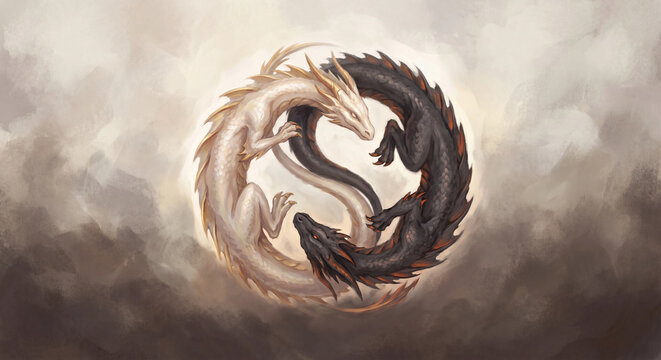 Dragon illustration for fantasy design featuring intertwined black and white circular creatures

