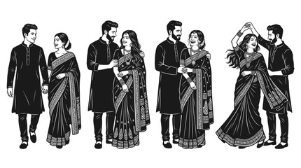 Fototapeta premium Bengali couple vector indian traditional black and white illustration set showing happy man and woman in elegant ethnic saree and kurta walking posing and dancing together.