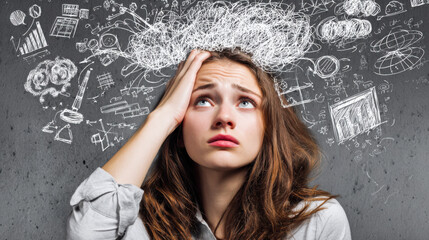 Fototapeta premium Woman with curly hair looks up while holding her head, surrounded by math and science symbols drawn on the wall in a classroom or study area during the day