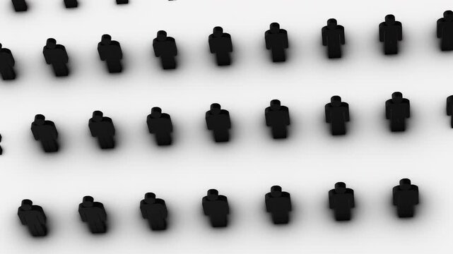 Top Down Rotating View of Black 3D Male Figures on White Floor with Shadow. Ideal for themes of big data, demographic studies, digital networking, human resources, market research.