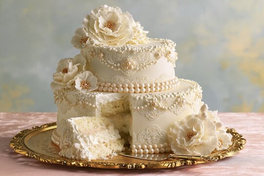 ornate two tier ivory wedding cake decorated with sugar flowers, pearl piping, lace inspired icing and delicate floral details, displayed on an antique gold tray