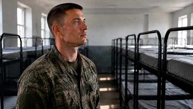 Serious male soldier in camouflage uniform standing in military barracks. Portrait of an army man in a dormitory with rows of empty bunk beds
