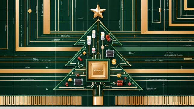 Christmas tree shaped as printed circuit board with electronic components and golden star