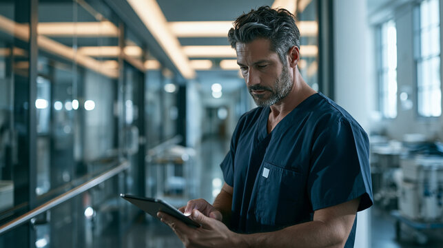 Male Clinician in Scrubs Using Digital Tablet to Review Medical Records