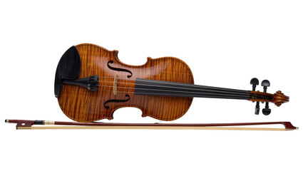 Ornate wooden violin with dark chin rest and bow, isolated on transparent background © vasili