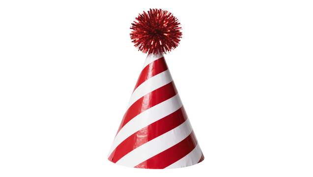 Red and white striped party hat with fluffy pompom, isolated on transparent background