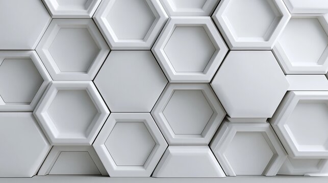 White hexagonal geometric tiles create a modern three dimensional wall texture with soft lighting and clean minimalist architectural design patterns