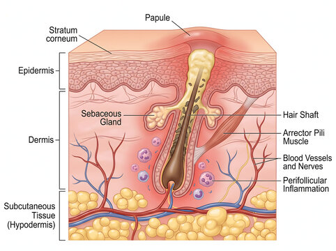 Detailed medical illustration showing human skin anatomy with a painful inflamed papule forming around an infected hair follicle cross section view