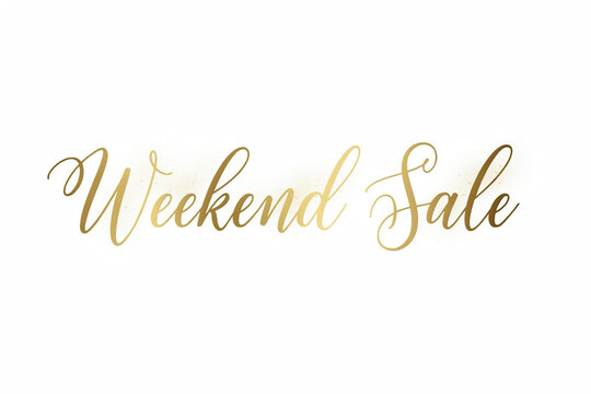 Golden Weekend Sale calligraphy text, elegant gold foil script lettering on white background, luxury retail promotion banner graphic