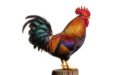 Colorful rooster standing on wooden stump, isolated on transparent background © vasili