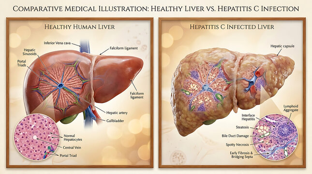 Healthy Liver Versus Hepatitis A Virus Infected Liver Bridging Necrosis and Councilman Bodies