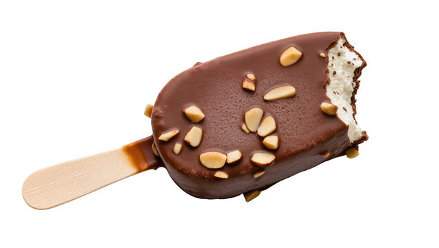 Chocolate covered ice cream bar with peanuts bitten, isolated on transparent background