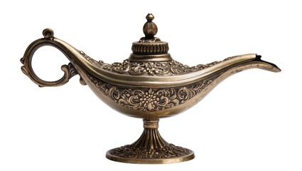 Antique ornate brass genie lamp with intricate floral carvings, isolated on transparent background © vasili