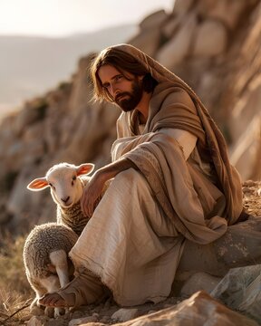Jesus sitting on a rocky hillside with a lamb, depicted as the good shepherd in a rugged landscape with warm evening light and earthy tones