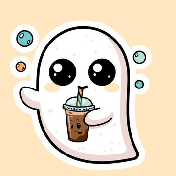 A cute ghost drinking iced coffee from a straw