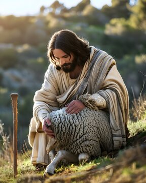 Jesus the good shepherd kneeling on a hillside and petting a woolly sheep with a staff standing nearby