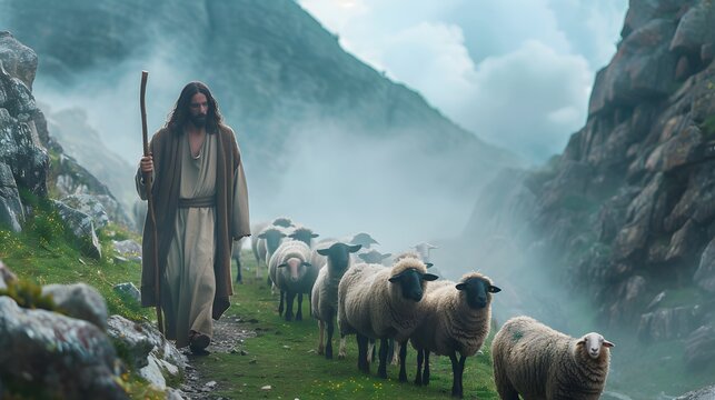 Jesus christ leading a flock of sheep along a misty mountain path, good shepherd concept