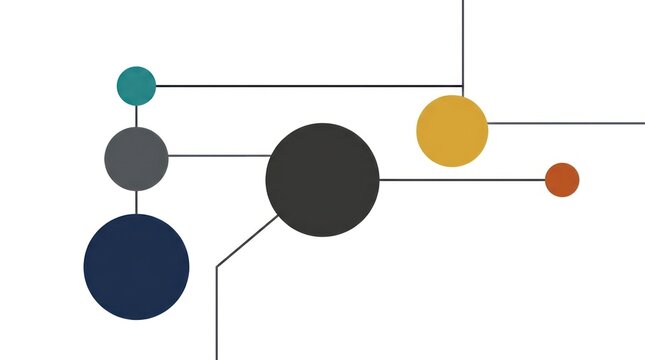 Abstract Interconnected Network of Color Dots and Lines Forming a Modern Minimalist Vector Design.