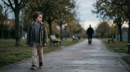 Obraz premium A young boy walking alone on a path in a park during an autumn day.