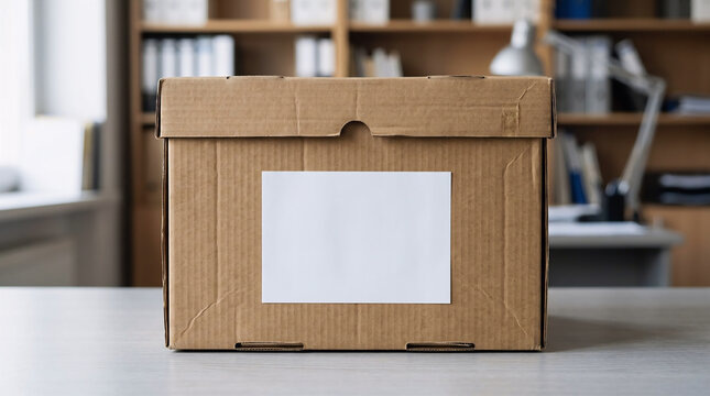 Empty cardboard storage box with blank white label on office desk surface, cardboard