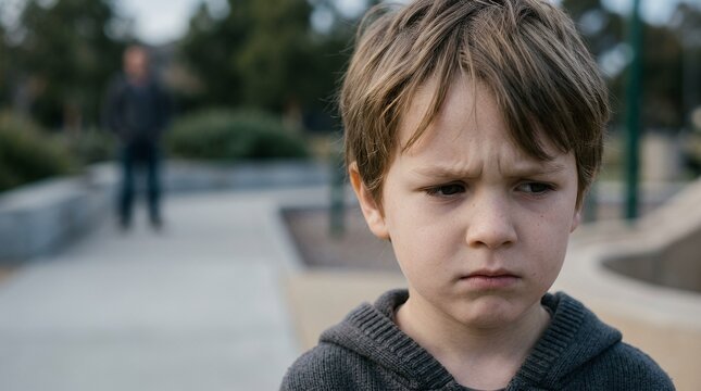 A close up portrait of a sad young boy standing outside in a park.