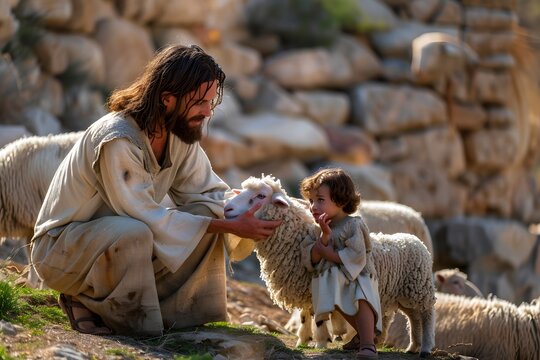 Jesus as a shepherd interacting with a child and a sheep in a rural landscape